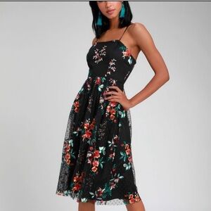 NWOTS Black Mutli Color Floral Embroidery Swiss Dot Mesh Overlay Midi Dress